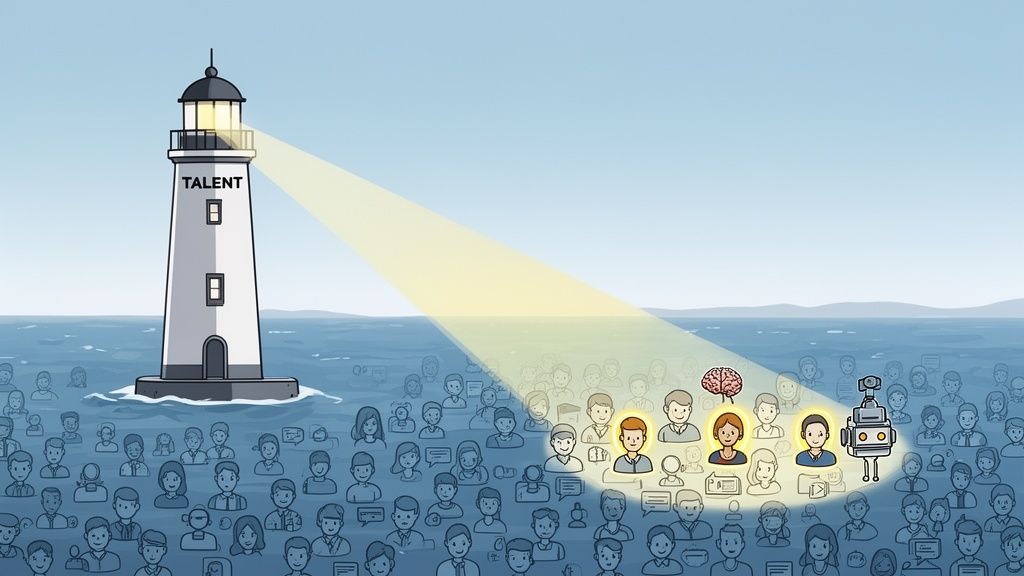 A talent lighthouse shines a spotlight on select individuals and a robot in a vast crowd.