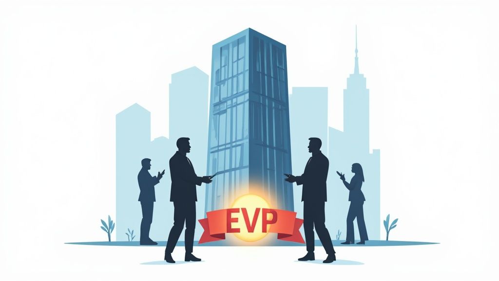 Silhouettes of business professionals standing around a modern skyscraper with a glowing 'EVP' banner, a key recruitment best practices element.