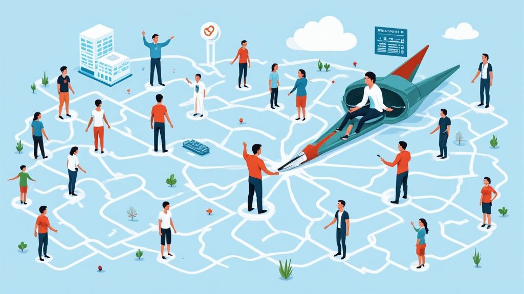 An isometric illustration of many people standing on a map-like network, with one person navigating a rocket.