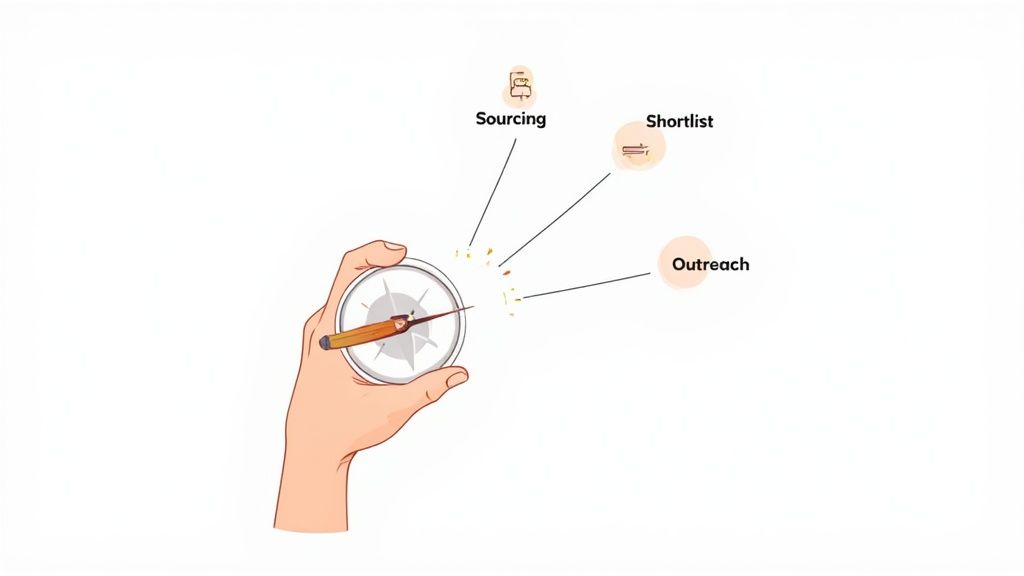 A hand holds a compass with a pencil, pointing to 'Sourcing,' 'Shortlist,' and 'Outreach' in recruitment for executive search.