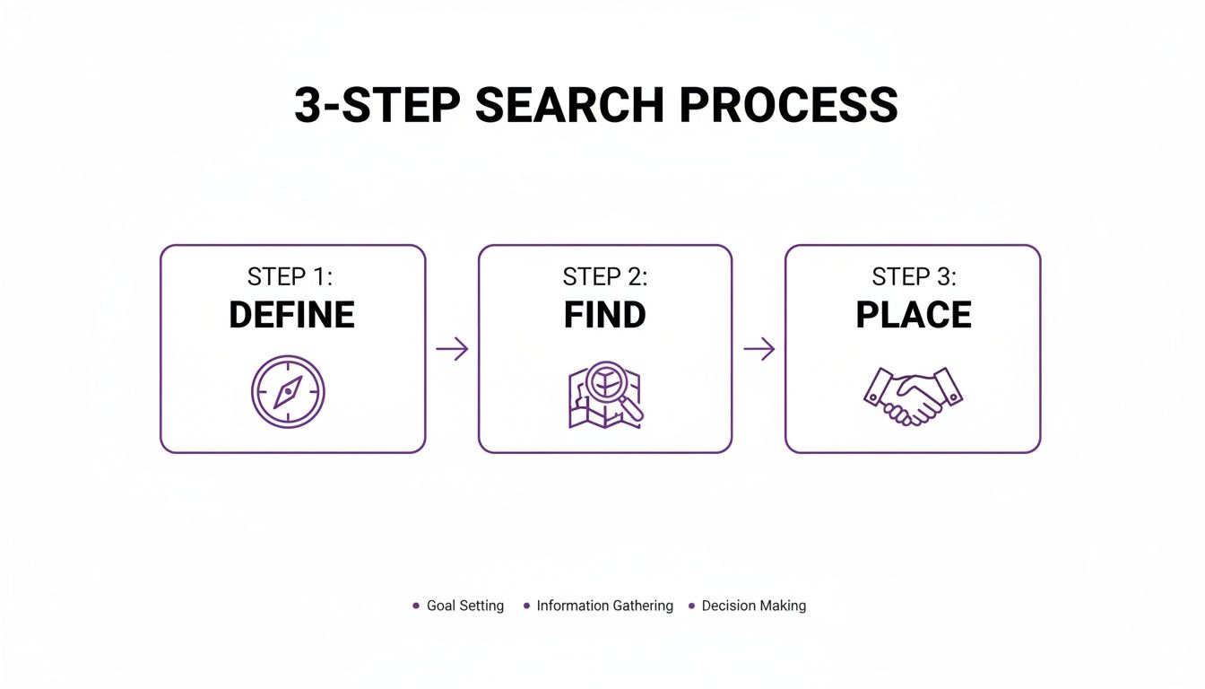 A diagram illustrating a 3-step search process, including Define, Find, and Place stages, a key component of the executive search process.