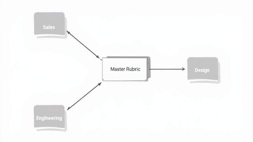 Flow diagram illustrating a Master Rubric being informed by Sales and Engineering, and influencing Design.
