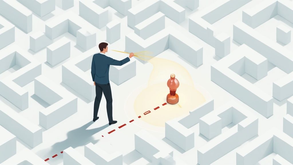 Businessman navigating a complex white maze, using a divining rod to find a glowing lamp.