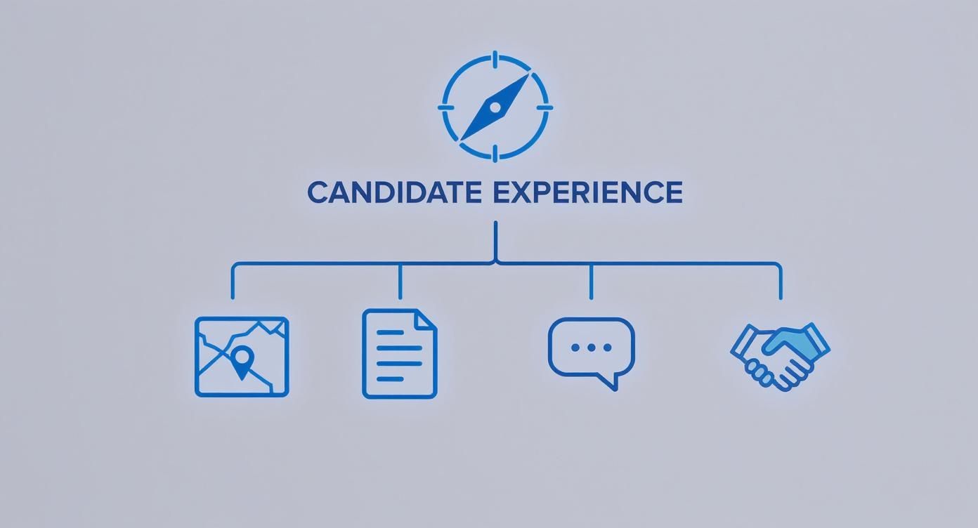 Infographic about what is candidate experience, showing a hierarchy with a compass icon at the top, and four icons below representing the stages of Attraction, Application, Interview, and Offer.