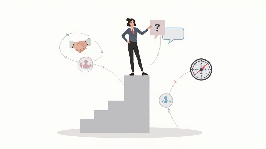 recruiter talent acquisition shown through a minimalist compass graphic pointing toward a group of people icons