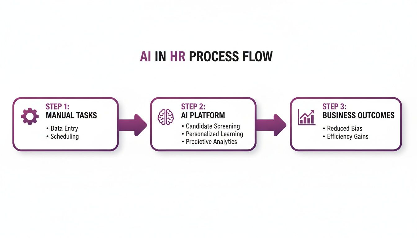A diagram illustrating the AI in HR process flow, from manual tasks to an AI platform and business outcomes.
