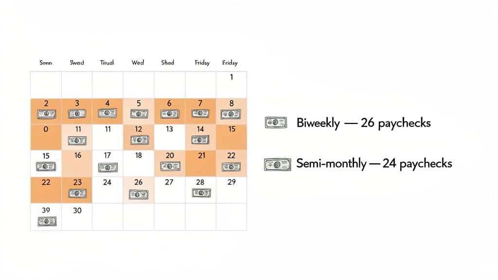 A calendar illustrating biweekly and semi-monthly pay schedules, showing 26 vs 24 annual paychecks.