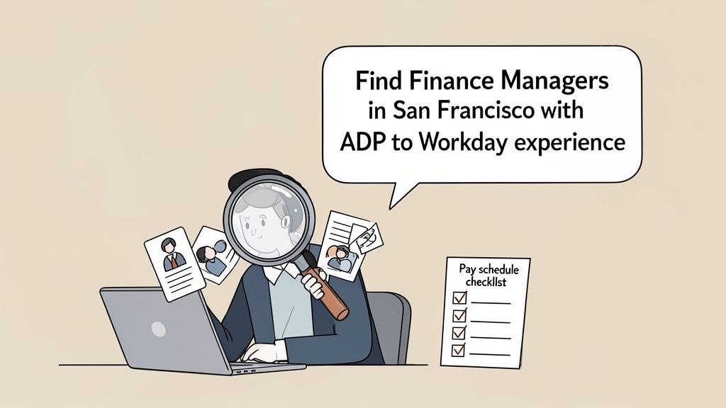 A person uses a magnifying glass to search resumes for finance managers with specific software experience.