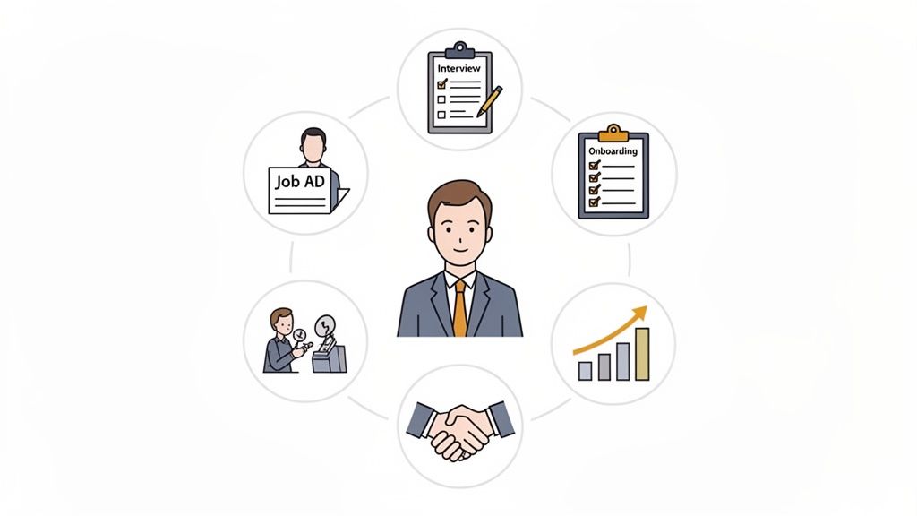 An illustration depicting the complete employee lifecycle, from job advertisement and interview to onboarding, work, and growth.