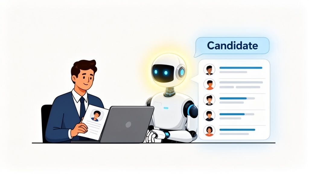 An HR professional and an AI robot collaborate on candidate selection using a laptop and resumes.