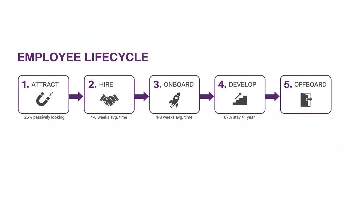 A five-step employee lifecycle diagram with stages: Attract, Hire, Onboard, Develop, Offboard, with metrics.