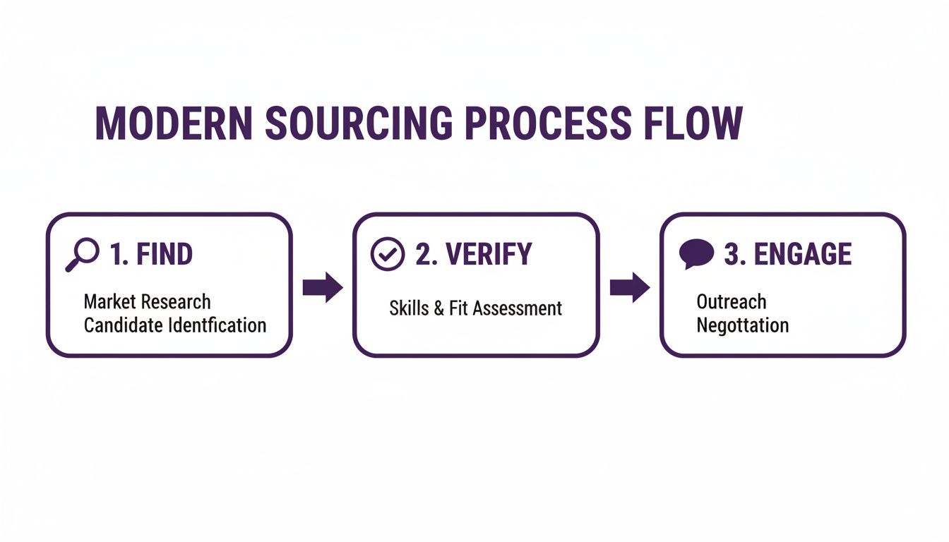 Modern sourcing process flow diagram showing three steps: Find, Verify, and Engage, with sub-activities.