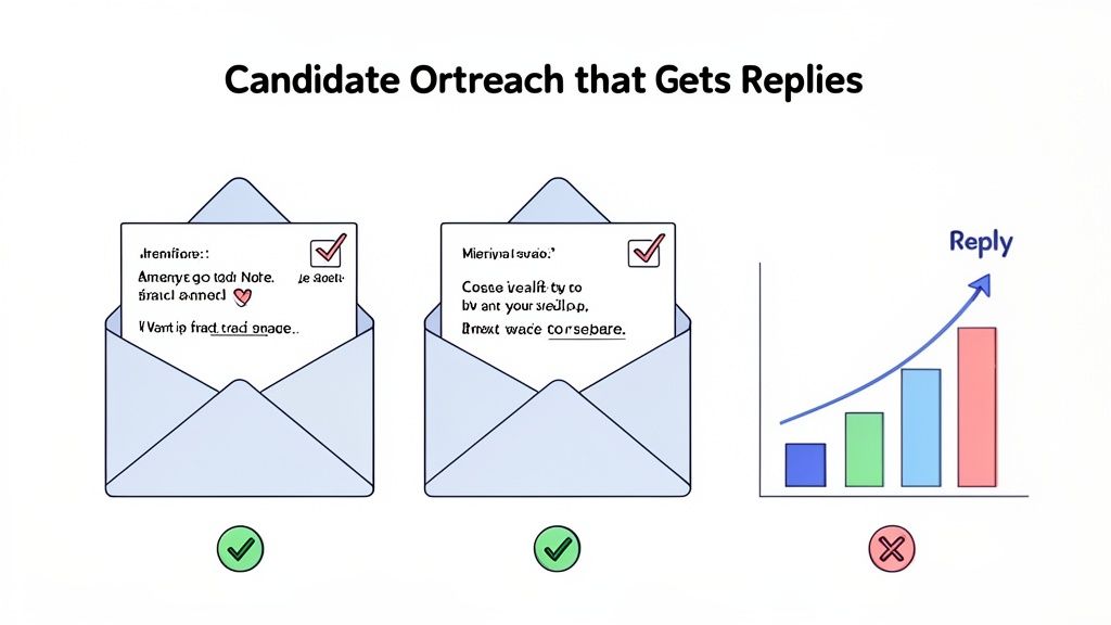 Visualizing effective candidate outreach: personalized messages in envelopes lead to increased replies shown on a chart.