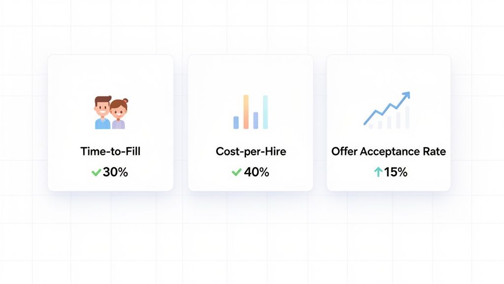 Three cards displaying key recruitment metrics: Time-to-Fill 30%, Cost-per-Hire 40%, and Offer Acceptance Rate 15%.
