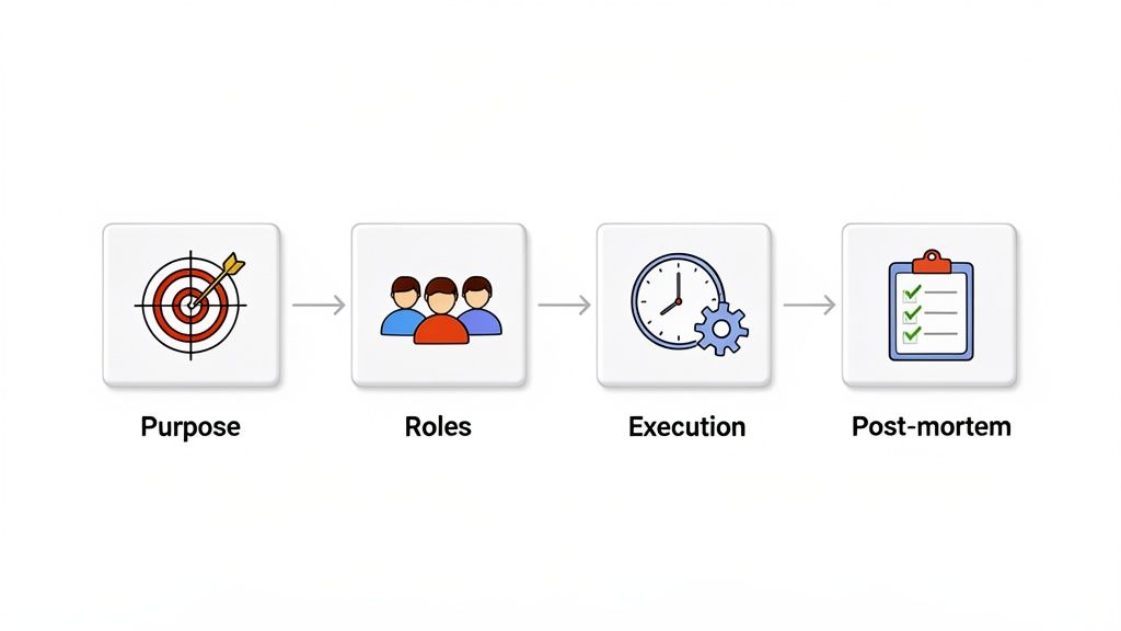 A four-step process workflow: Purpose, Roles, Execution, and Post-mortem, illustrated with icons.