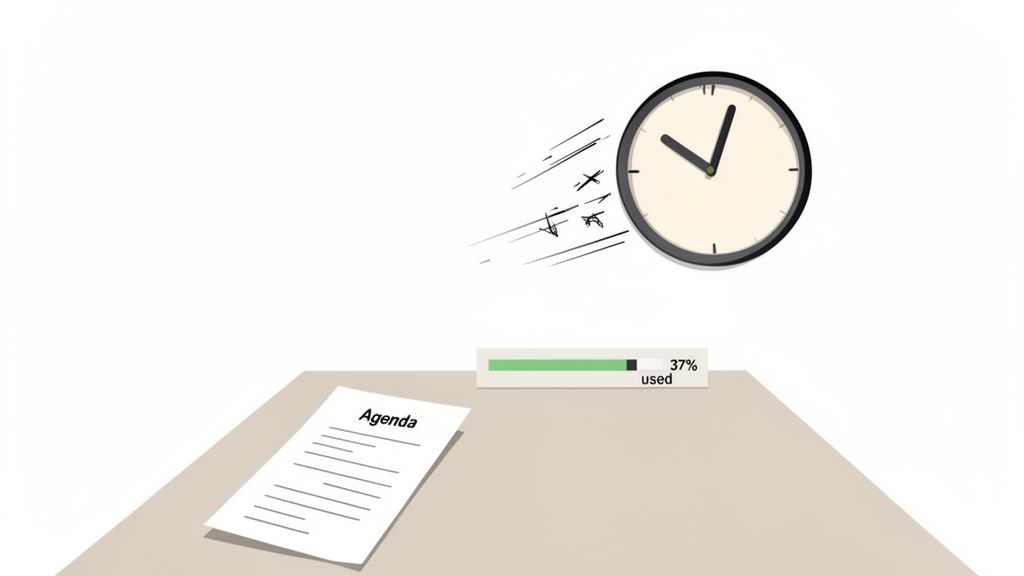 A meeting agenda document on a desk, with a fast-moving clock and a '37% used' progress bar.