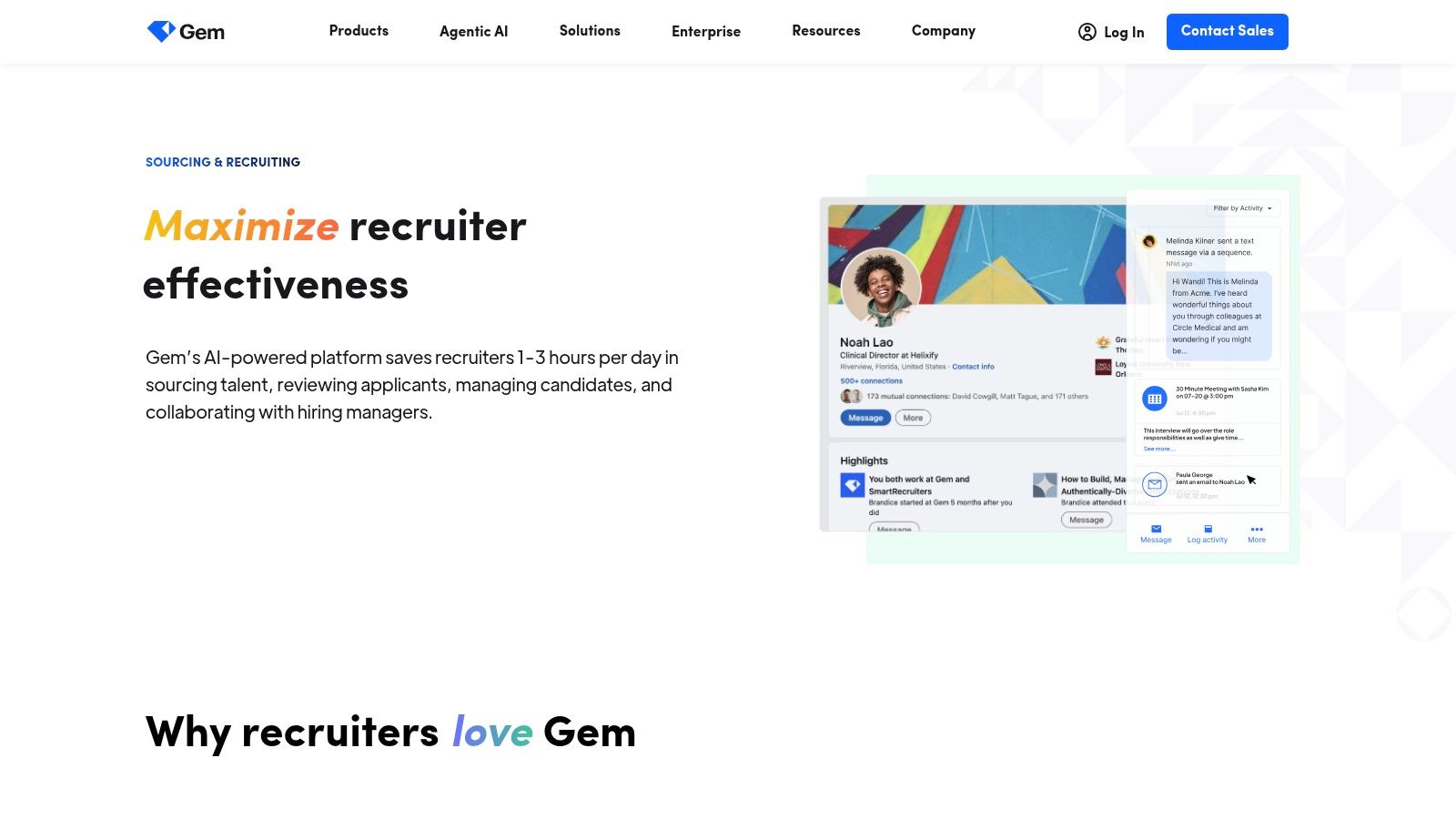 Candidate sourcing platforms featuring Gem's user interface showing candidate profiles and analytics