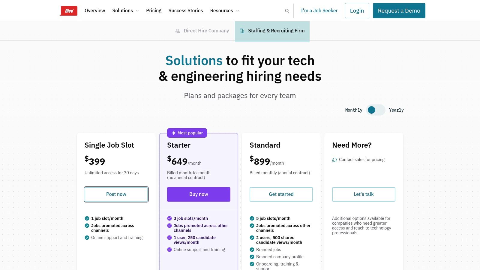 candidate sourcing platforms showing Dice pricing plans
