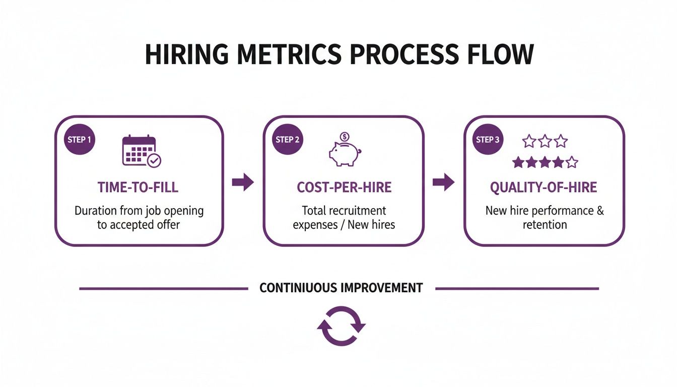 Process flow diagram showing hiring metrics: time-to-fill, cost-per-hire, and quality-of-hire with continuous improvement.