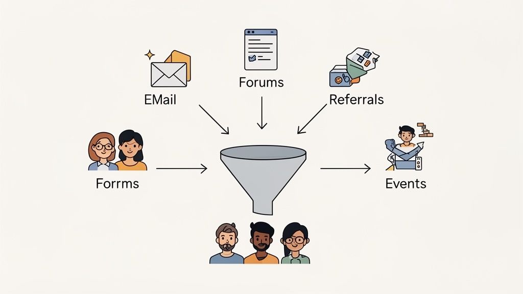 Diagram illustrating a recruitment funnel with various input channels like Email, Forums, Referrals, Forms, and Events, leading to a team of selected candidates.