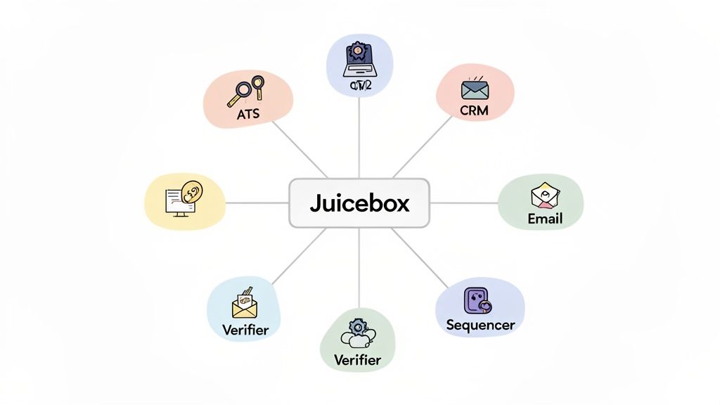 A welcome to the team message diagram showing Juicebox platform as a central hub integrating with ATS, CRM, Email, Sequencer, and Verifier systems.