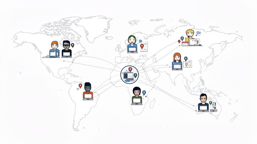 Illustration of global team collaboration with diverse people working on laptops connected on a world map.