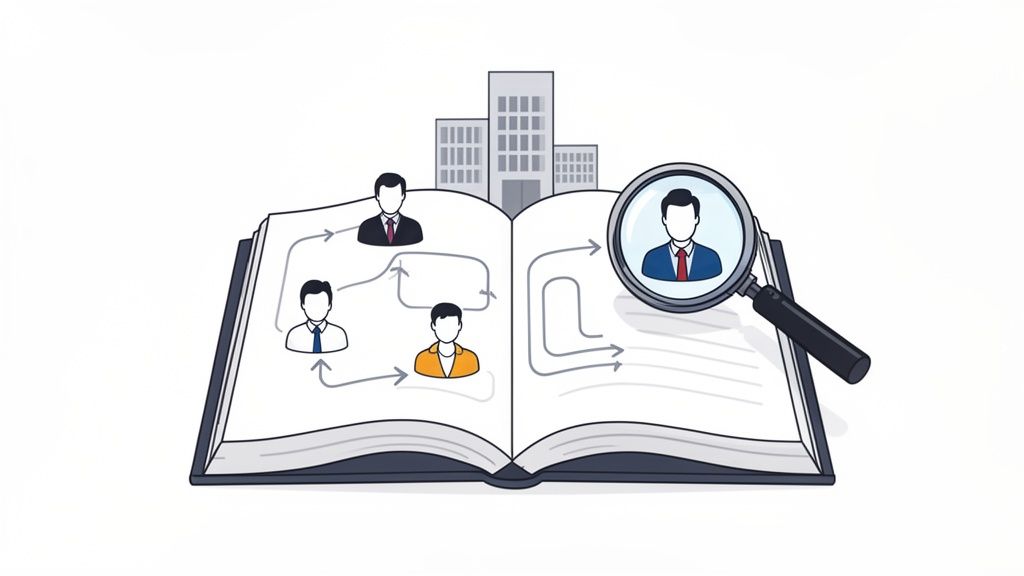 Illustration of a recruiting strategy in a book with people, arrows, buildings, and a magnifying glass.