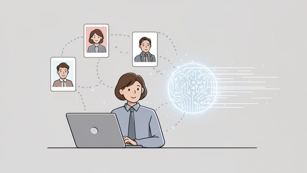 A business person uses a laptop, connected to a network of profile pictures and a glowing digital sphere.