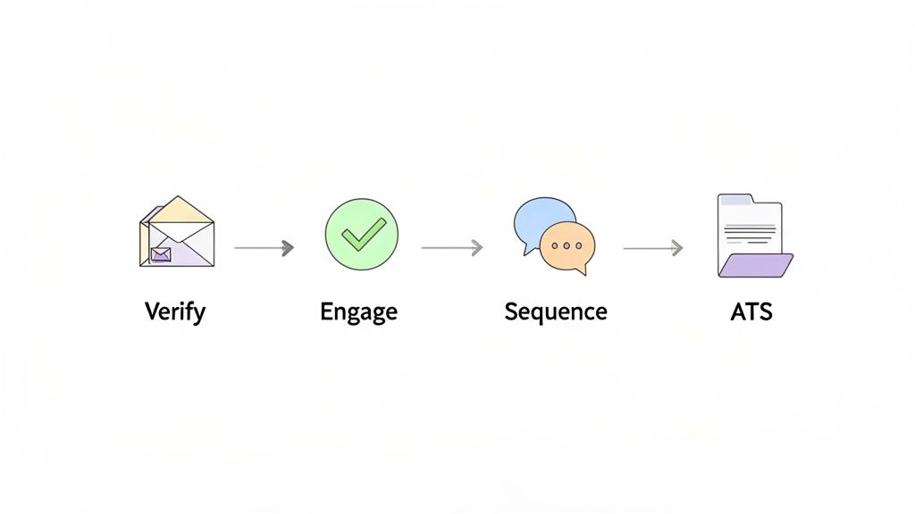 A workflow diagram showing steps to verify, engage, sequence outreach, and integrate with an ATS.