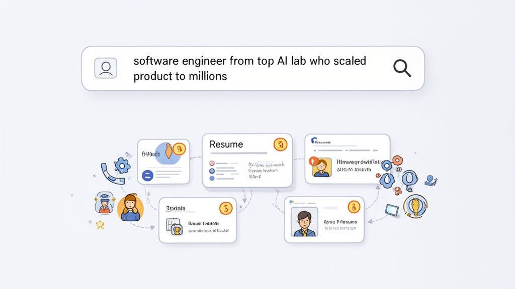 Search bar querying 'software engineer from top AI lab who scaled product to millions', with various candidate profiles and resumes below.