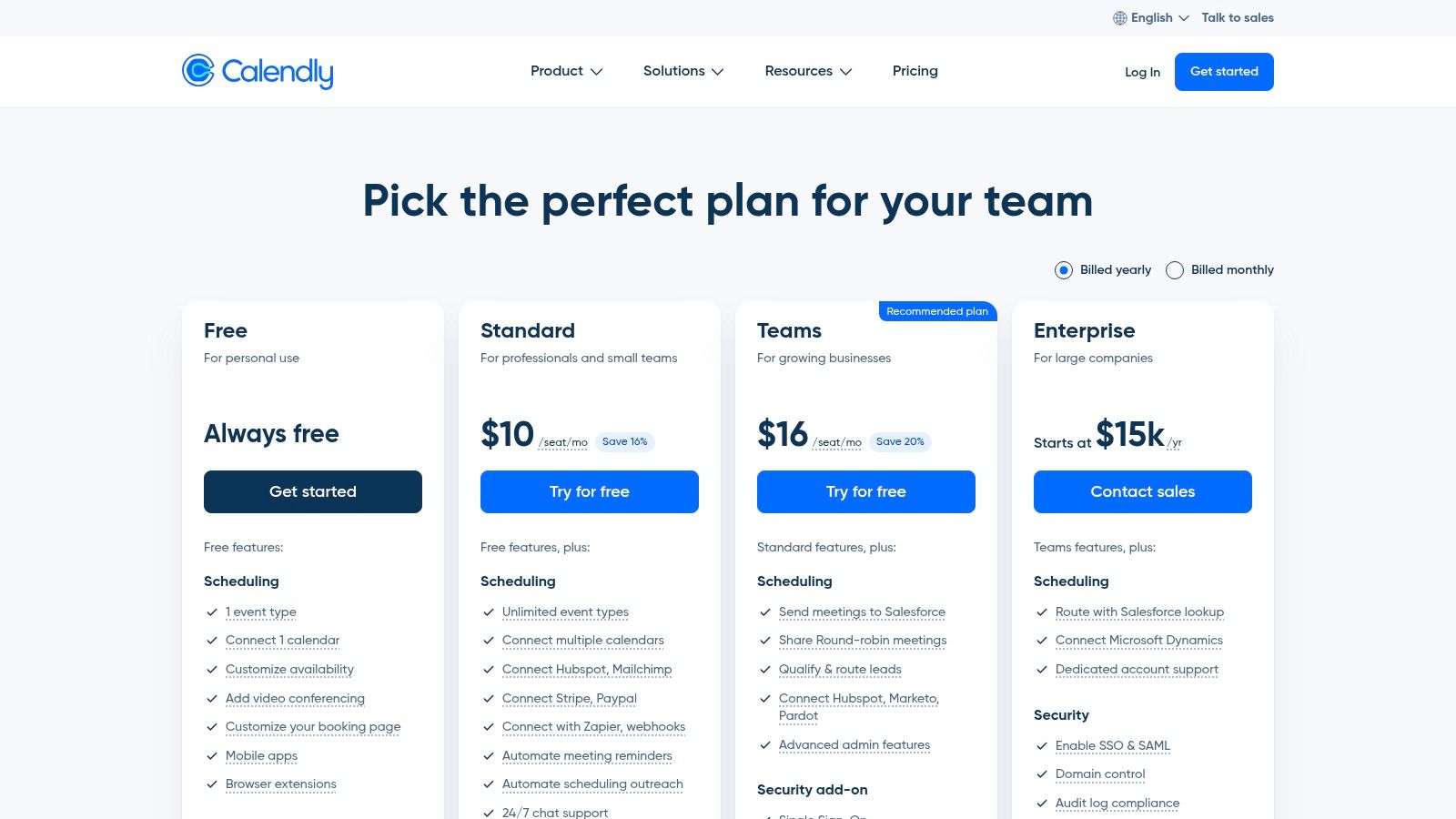 Remote hiring tools featuring Calendly's pricing plans interface