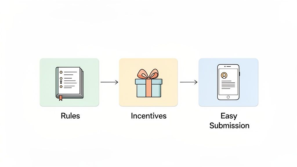 Flowchart depicting a program with rules, incentives, and easy mobile submission.