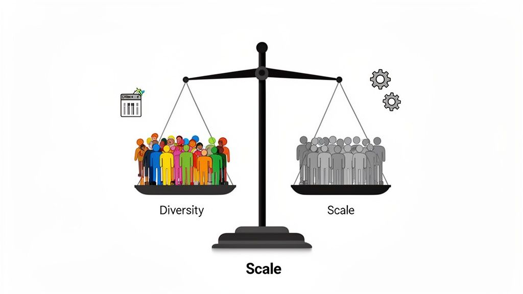 A balance scale shows diverse individuals outweighing a group of uniform people, representing diversity versus scale.