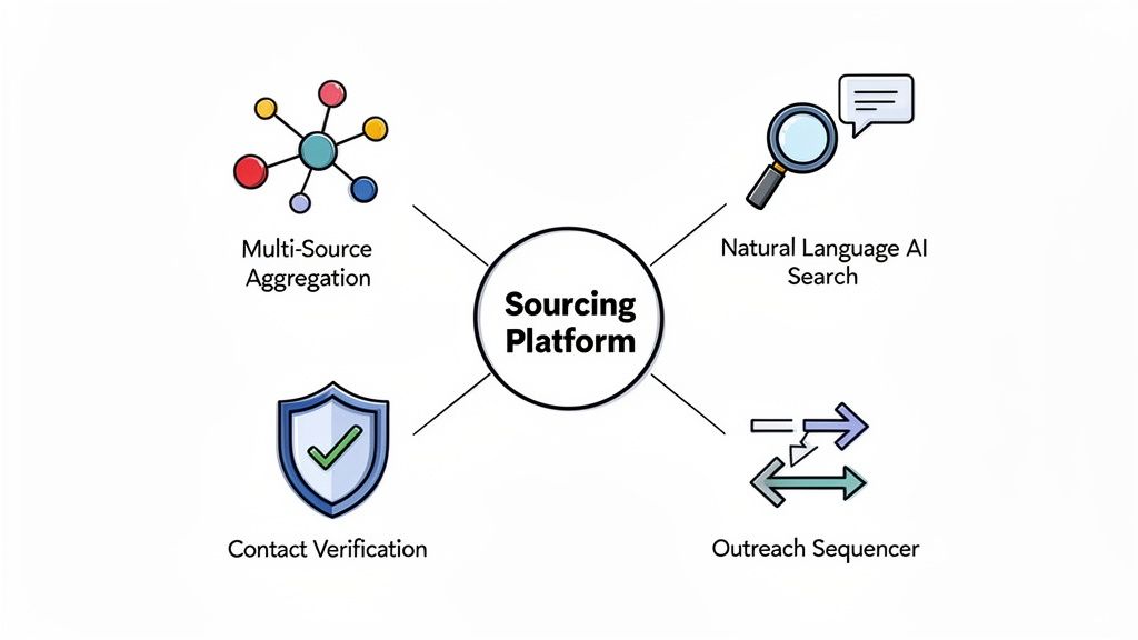 A diagram illustrating a 'Sourcing Platform' with four interconnected features: Multi-Source Aggregation, Natural Language AI Search, Contact Verification, and Outreach Sequencer.