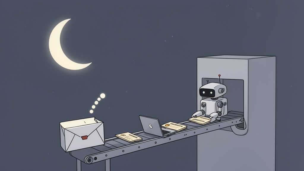 An AI robot processes documents on a conveyor belt at night under a crescent moon.