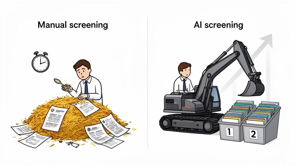 candidate screening software showing a man searching a hay pile, while AI screening depicts an excavator sorting documents, highlighting efficiency.