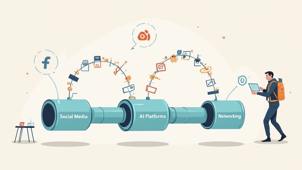 A recruiter looking at a blueprint for a talent pipeline, representing a modern strategy for how to source candidates.