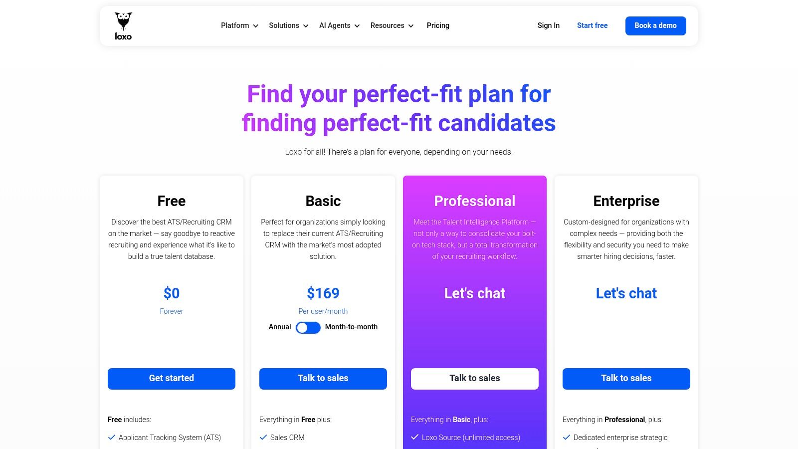 top recruiting apps showing Loxo pricing plans