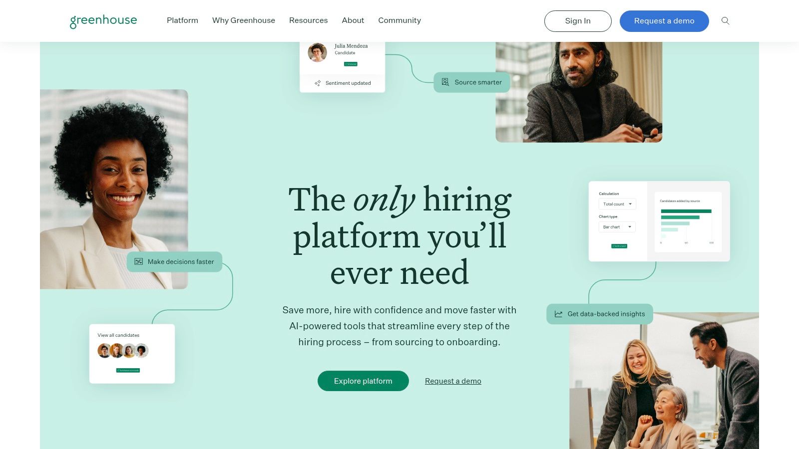 A hiring dashboard within the Greenhouse recruiting app, showing candidate pipelines and team activity.