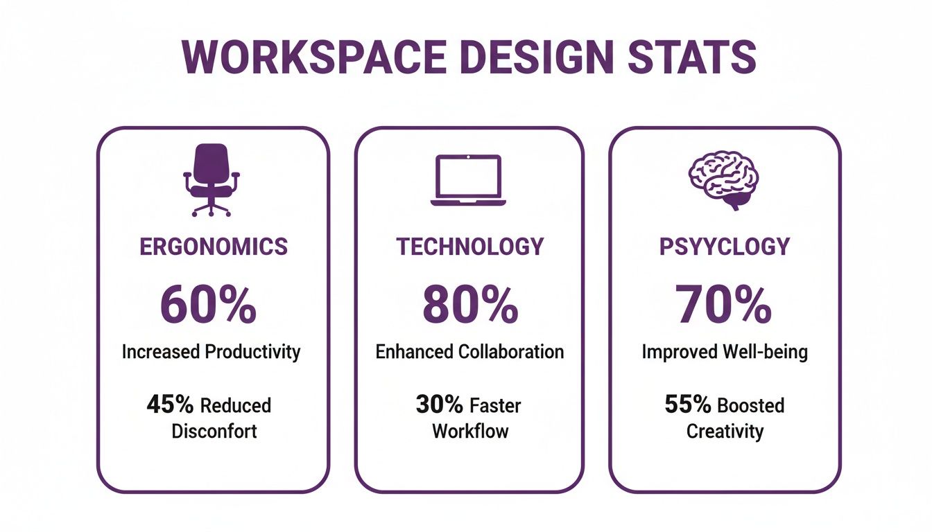 Infographic detailing workspace design stats for ergonomics, technology, and psychology, showing benefits like increased productivity and well-being.