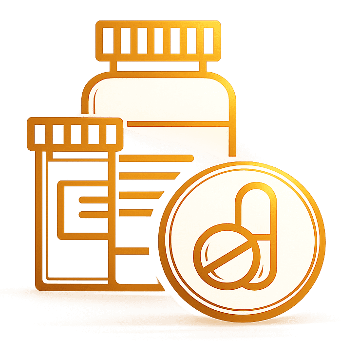 Icon of medicine bottles and capsules representing freedom from medication dependency