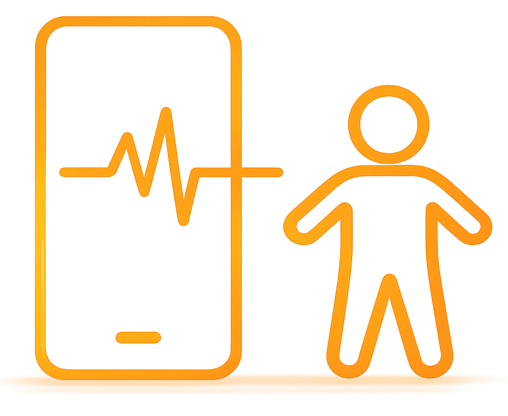 Icon of a person alongside a health monitoring device representing personalised patient treatment