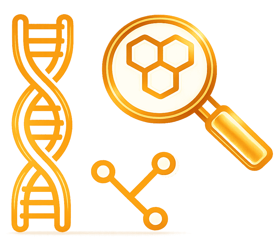 Icon of a DNA strand and magnifying glass representing 156 years of inherited Ayurvedic medical knowledge