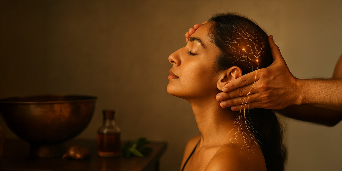 A woman receiving a traditional Ayurvedic head and neck massage, with eyes closed in relaxation, overlaid with glowing neural or energy pathway illustrations symbolizing holistic healing.
