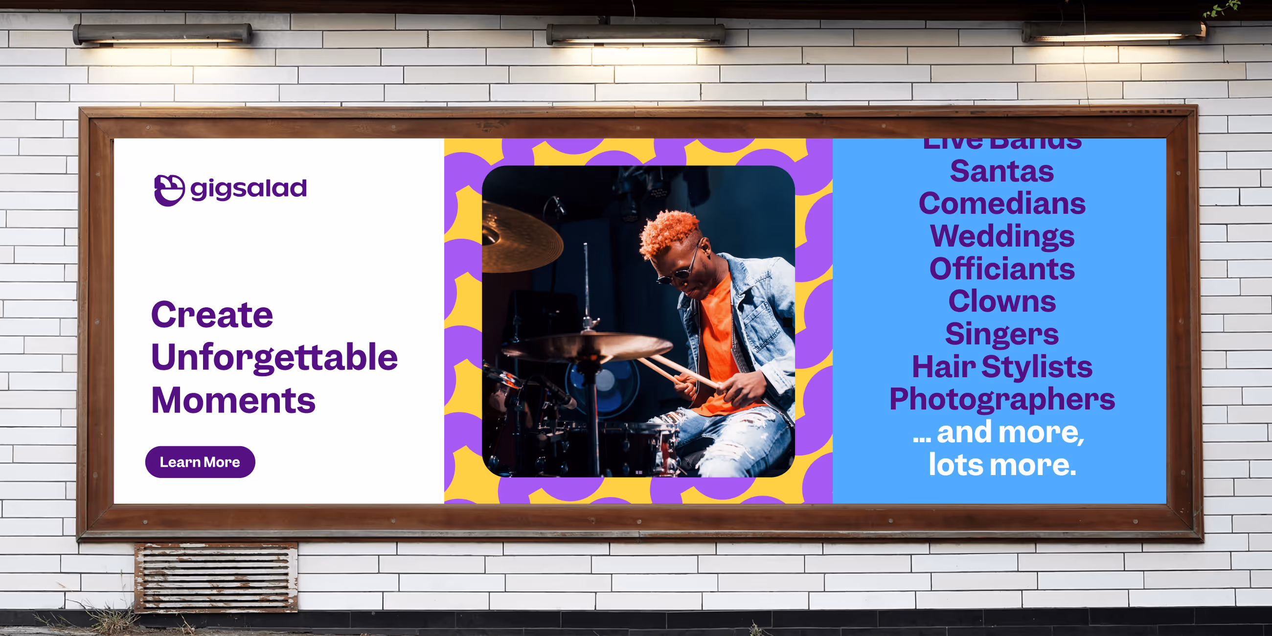 Advertisement billboard featuring a drummer playing beside text listing entertainment services like live bands, comedians, and photographers.