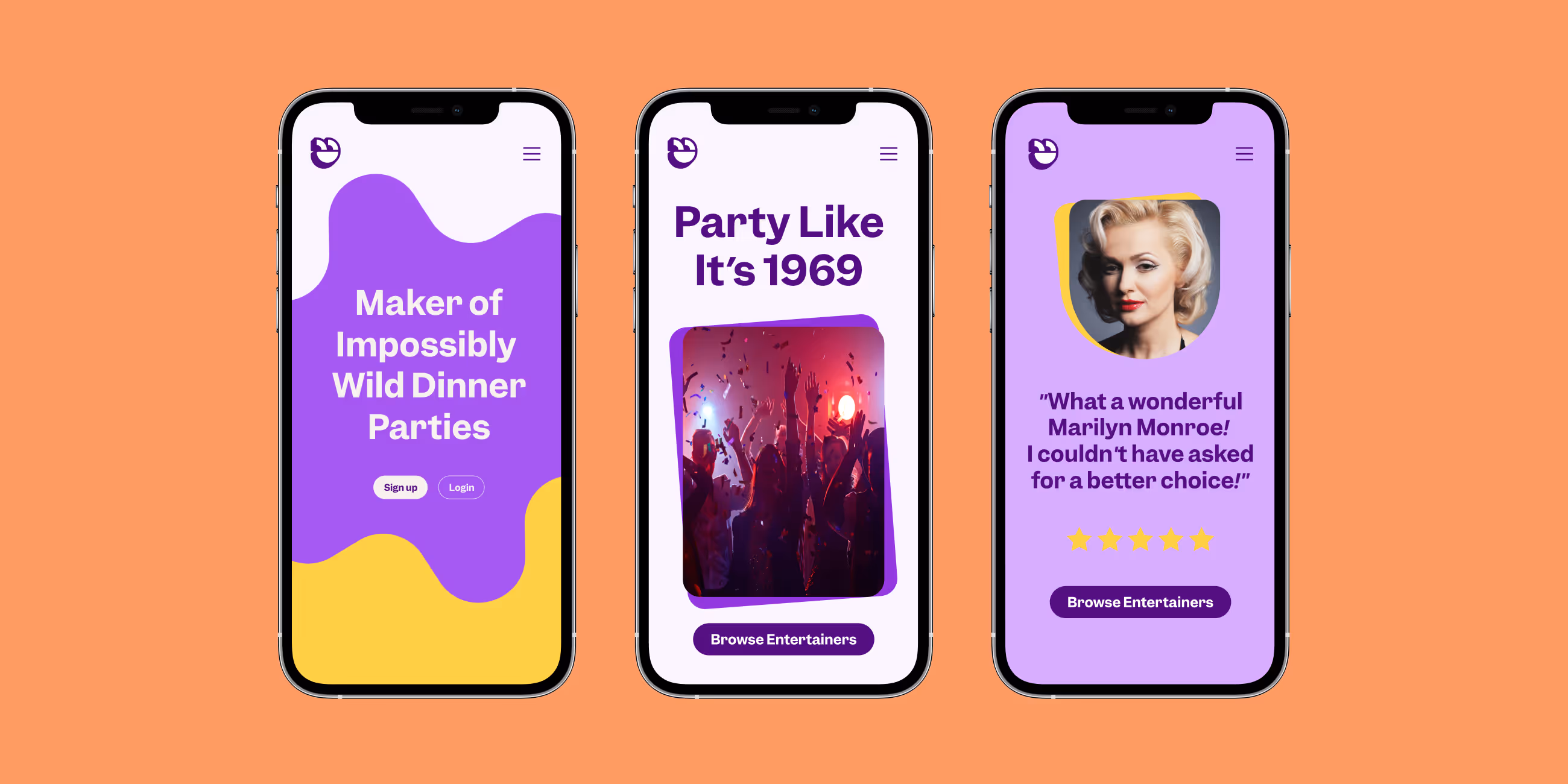 Three smartphones showing a party planning app with vibrant purple and yellow design, including a welcome screen, party photo, and a Marilyn Monroe testimonial.