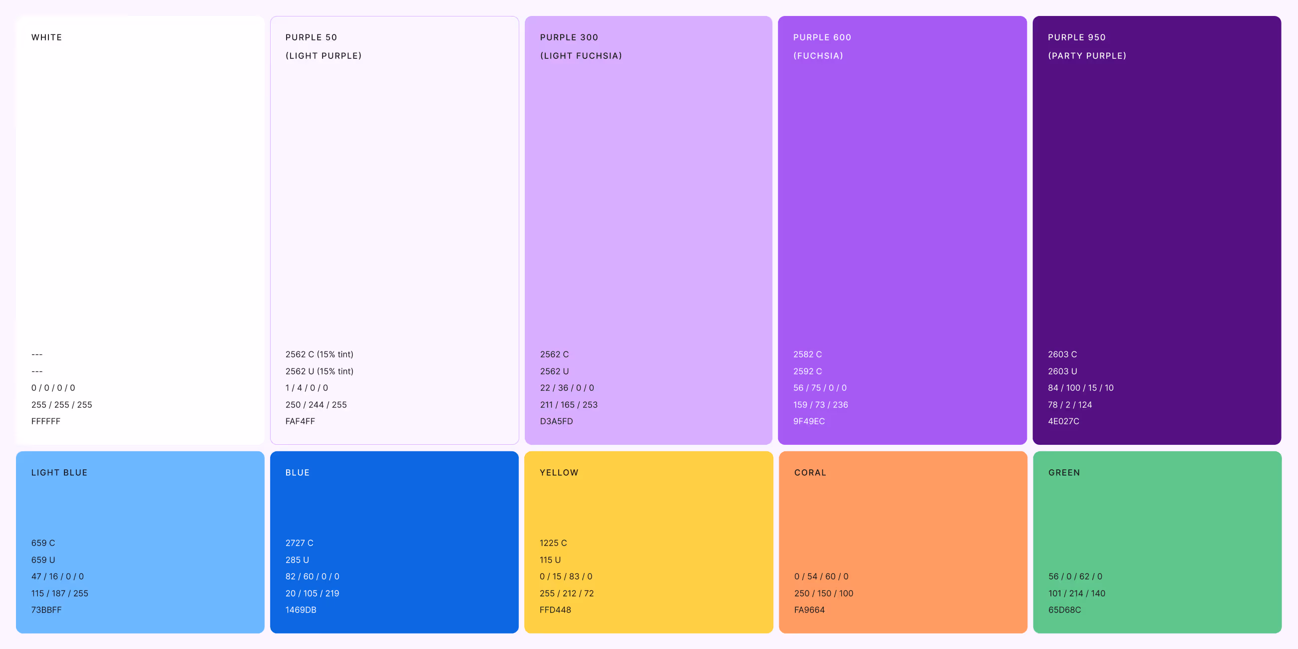 A color palette chart displaying ten color blocks labeled white, light purple, light fuchsia, fuchsia, party purple, light blue, blue, yellow, coral, and green with their respective Pantone and RGB values.