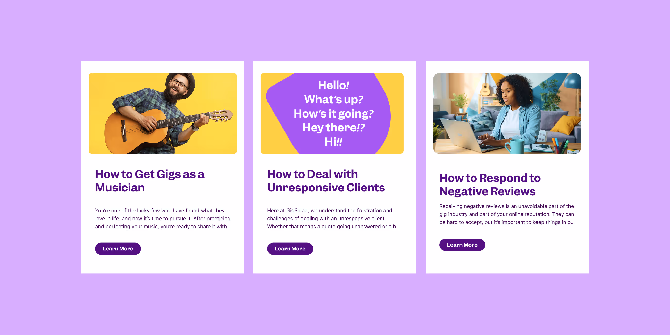 Three article cards titled How to Get Gigs as a Musician with a man playing guitar, How to Deal with Unresponsive Clients with greeting text, and How to Respond to Negative Reviews with a woman working on a laptop.