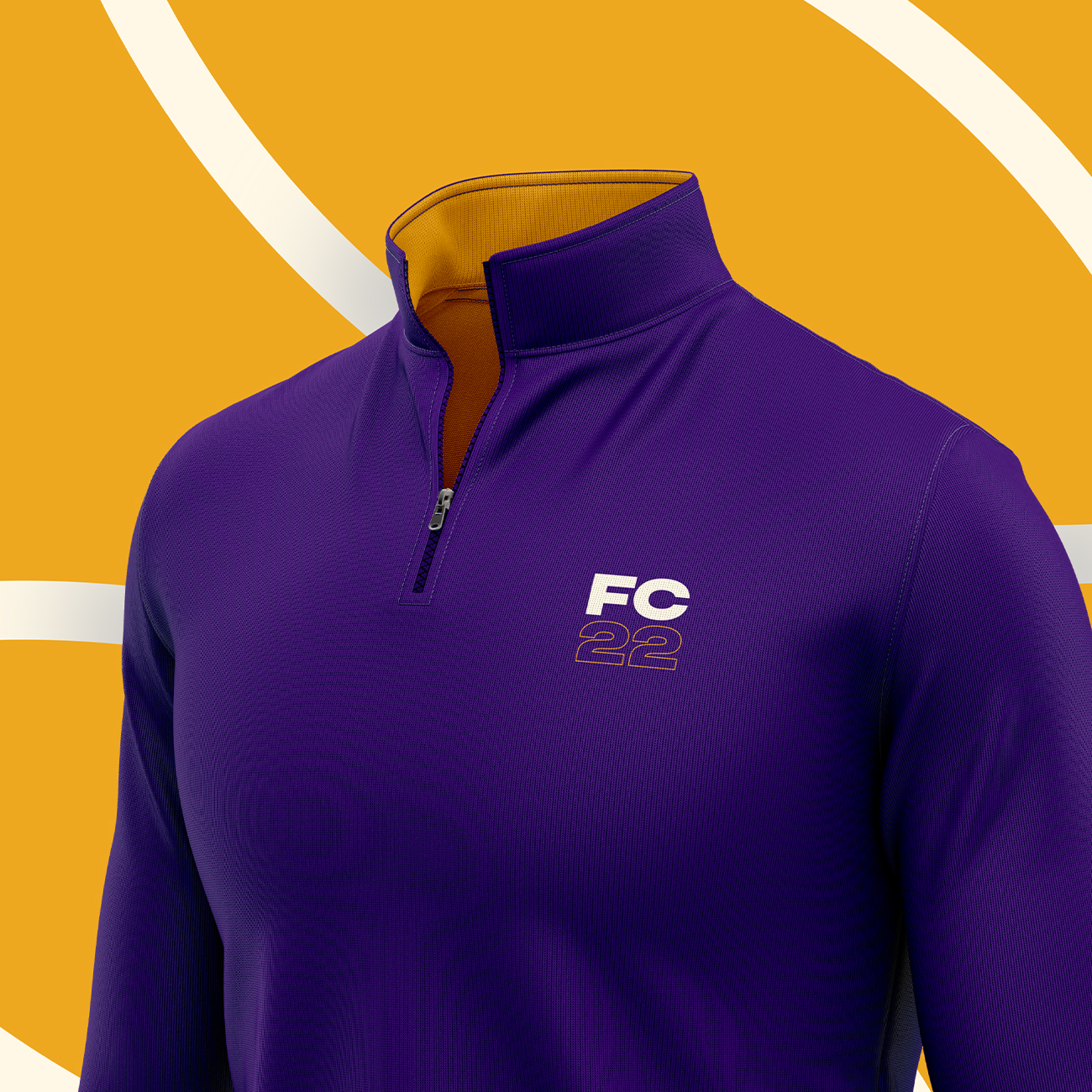 Purple quarter-zip pullover with orange inner collar and FC 22 logo on chest.