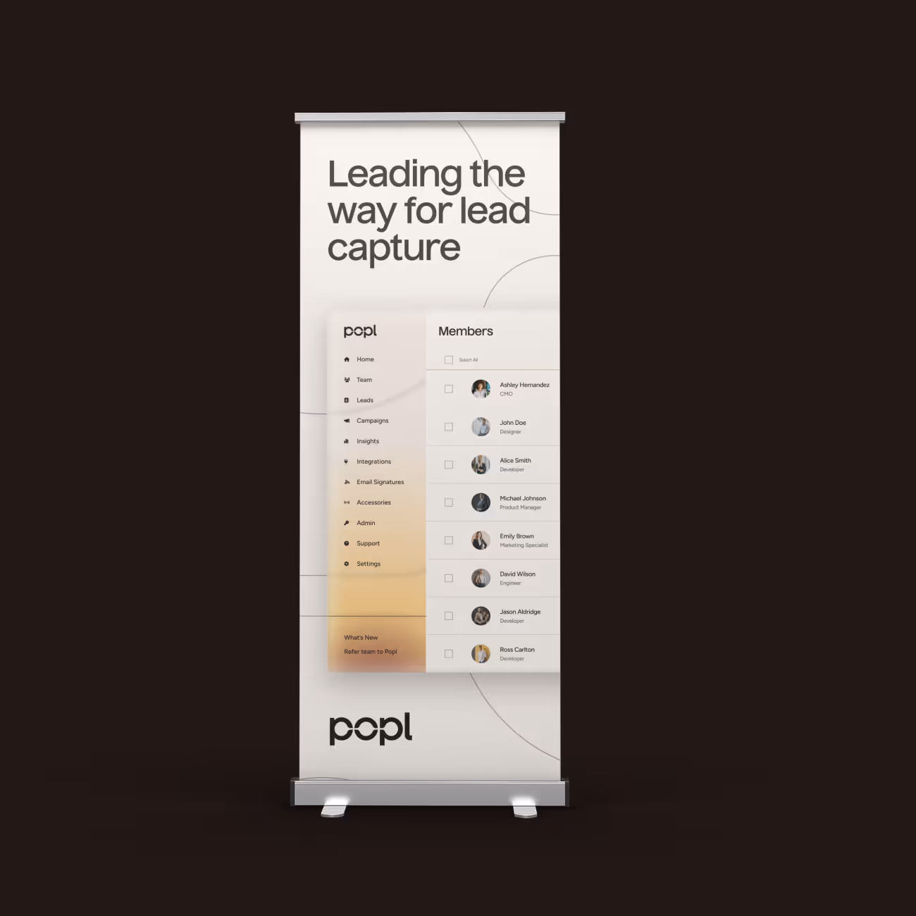 Popl banner with text 'Leading the way for lead capture' and a screenshot of a members list with names and roles.